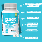 Pact Nutrition Magnesium Glycinate supplement bottle with features highlighted on a blue background
