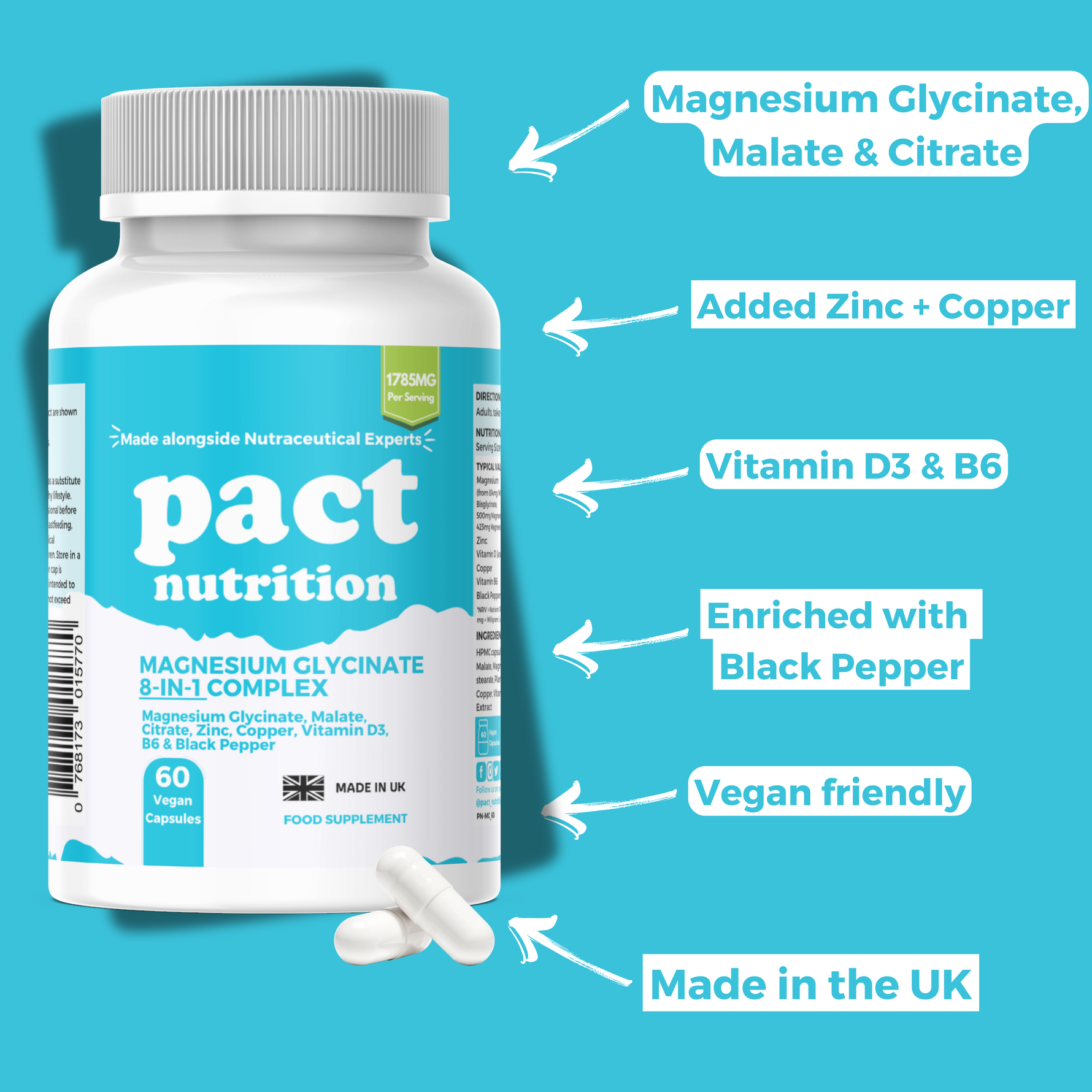 Pact Nutrition Magnesium Glycinate supplement bottle with features highlighted on a blue background
