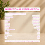 A digital graphic displaying a 'Nutritional Information' table for two gummies, set against a warm beige textured background with soft green leaves in the top left corner. The text is presented in a clean, modern font with pink and white accents.