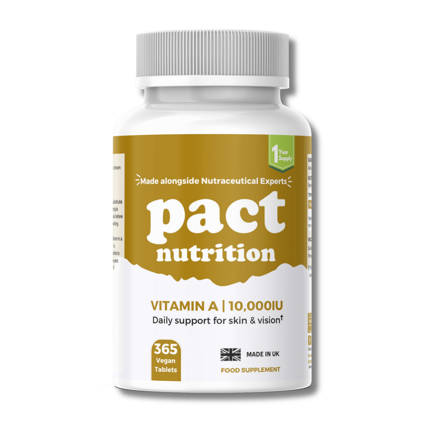 Pact Nutrition vitamin A supplement bottle on a white background