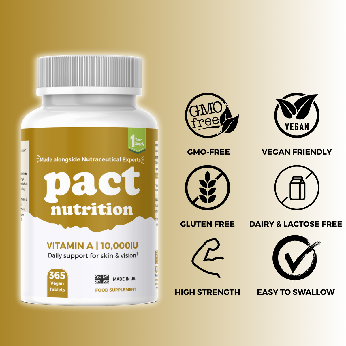 Pact Nutrition vitamin supplement bottle with certification icons 