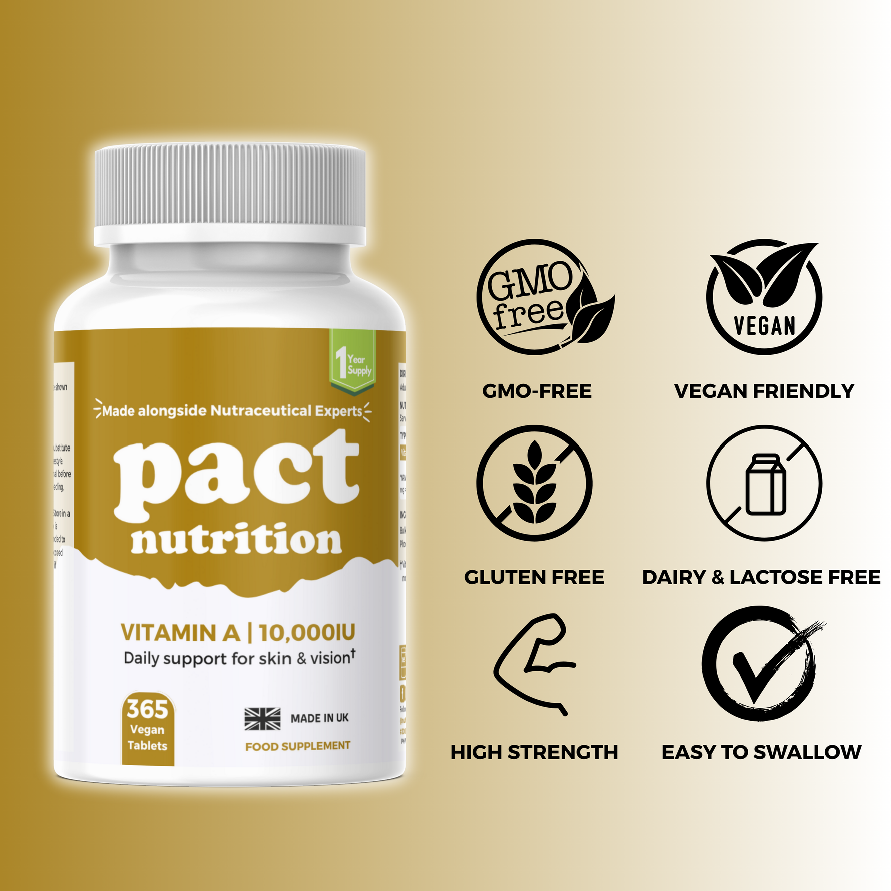 Pact Nutrition vitamin supplement bottle with certification icons 