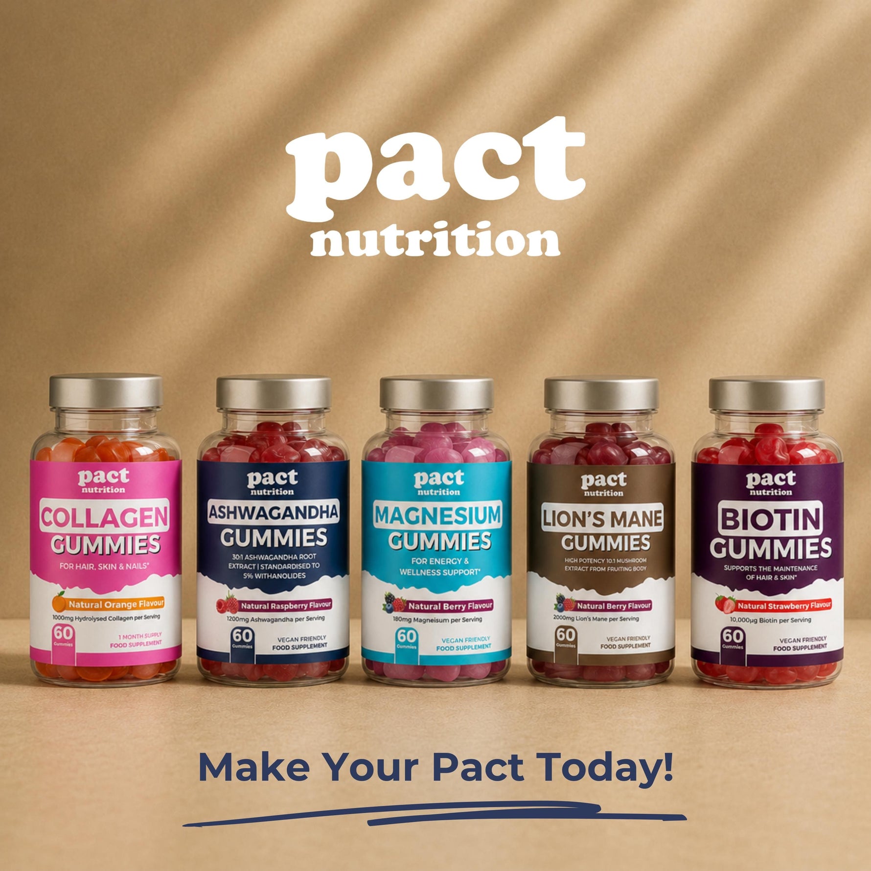 Five bottles of Pact Nutrition gummies arranged in a row against a warm beige background with soft shadow overlays. The products include Collagen, Ashwagandha, Magnesium, Lion's Mane, and Biotin Gummies, each with a distinct label color.