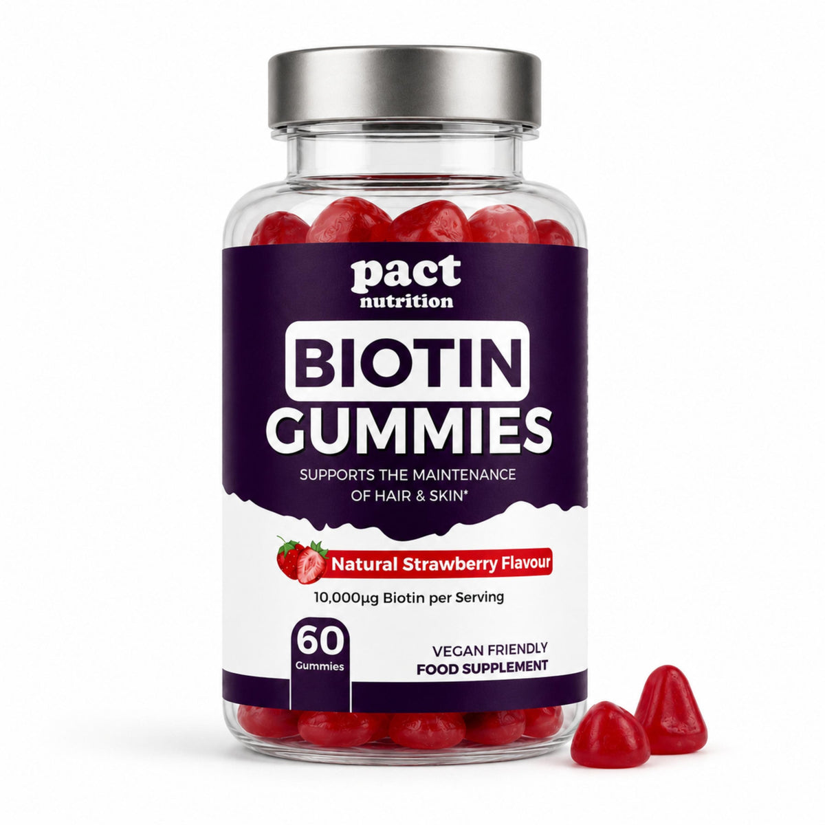 A bottle of Pact Nutrition Biotin Gummies in natural strawberry flavour, containing 60 gummies, shown on a clean white background with two gummies placed in front of the bottle.