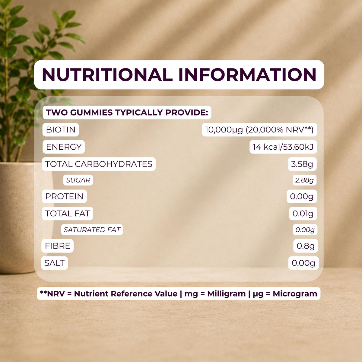 A digital graphic displaying a 'Nutritional Information' table for two gummies, set against a warm beige textured background with soft green leaves in the top left corner. The text is presented in a clean, modern font with purple and white accents.