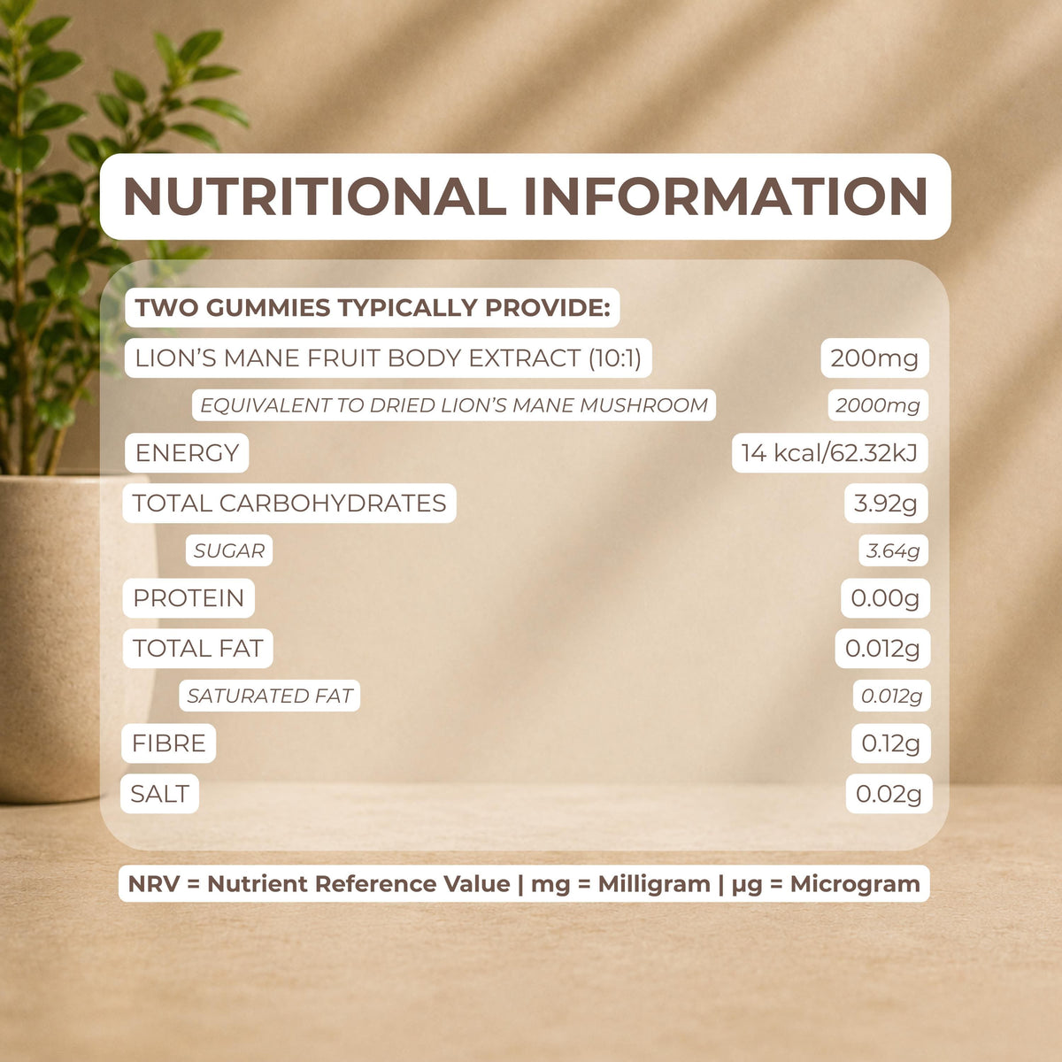 A digital graphic displaying a 'Nutritional Information' table for two gummies, set against a warm beige textured background with soft green leaves in the top left corner. The text is presented in a clean, modern font with brown and white accents.