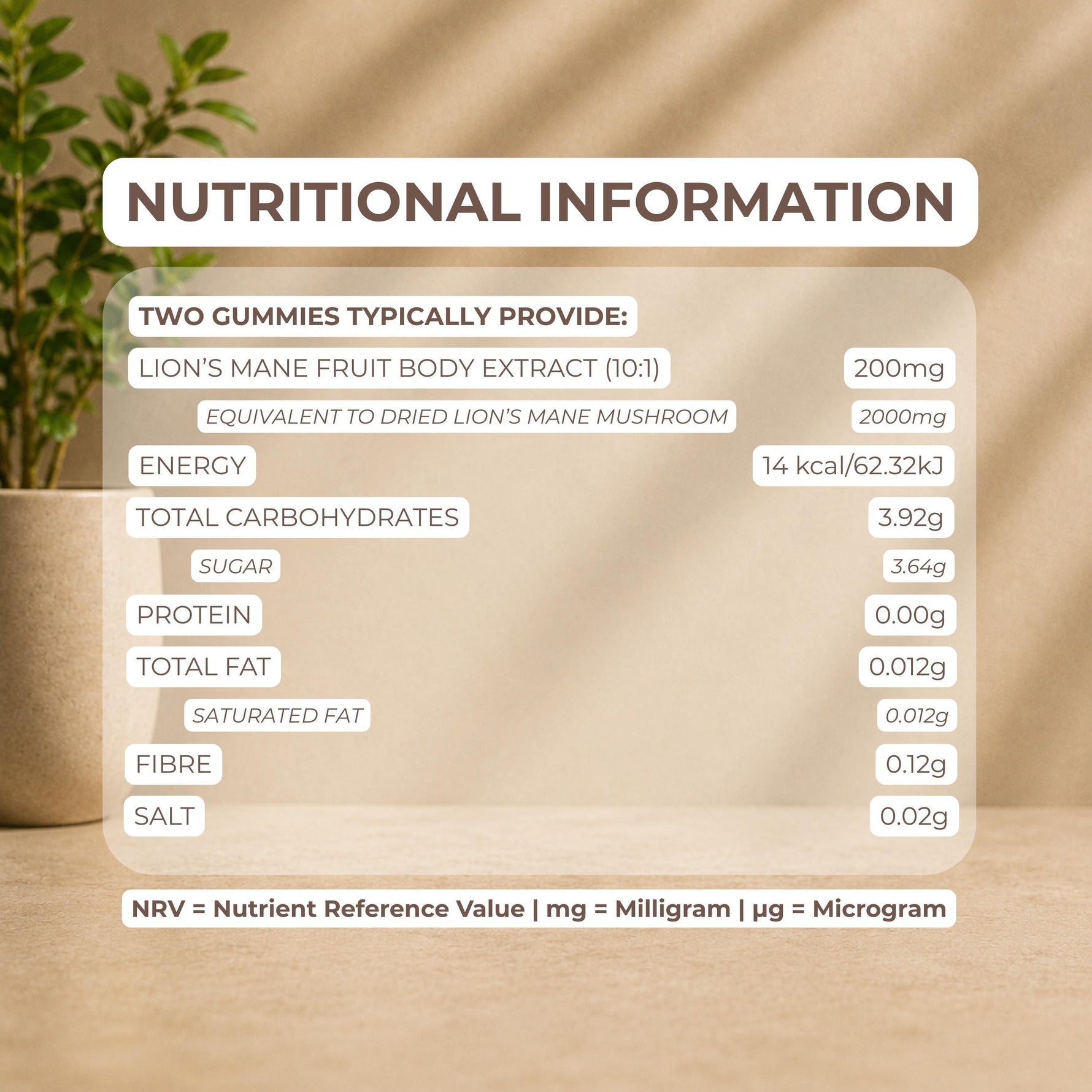 A digital graphic displaying a 'Nutritional Information' table for two gummies, set against a warm beige textured background with soft green leaves in the top left corner. The text is presented in a clean, modern font with brown and white accents.