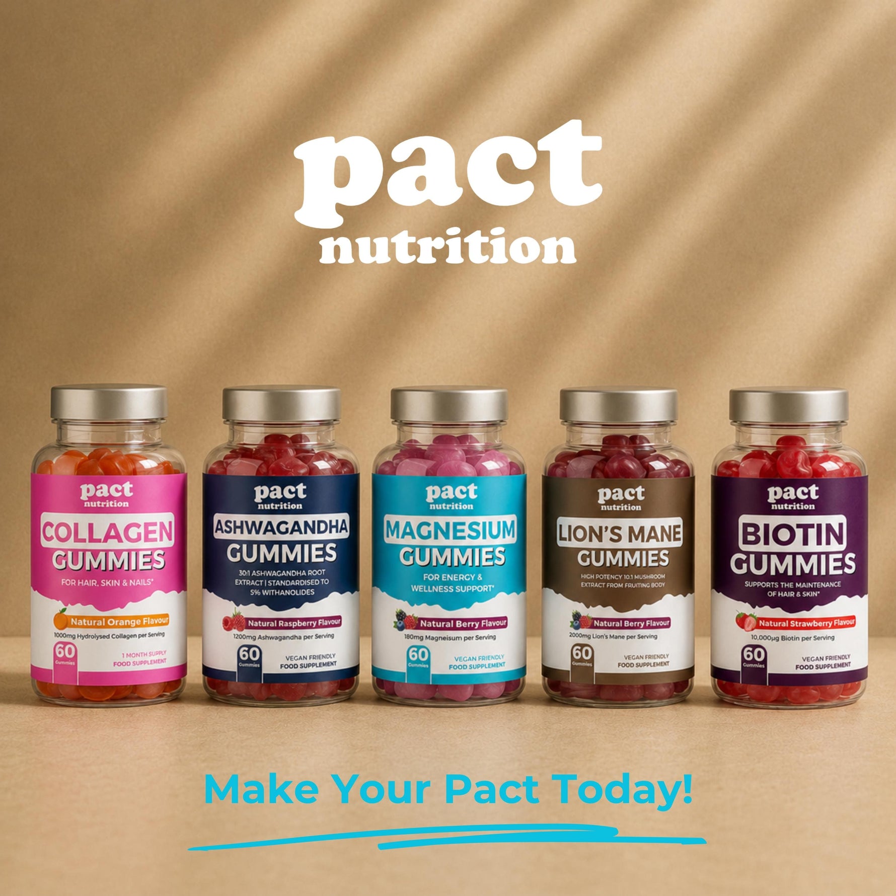 Five bottles of Pact Nutrition gummies arranged in a row against a warm beige background with soft shadow overlays. The products include Collagen, Ashwagandha, Magnesium, Lion's Mane, and Biotin Gummies, each with a distinct label color.